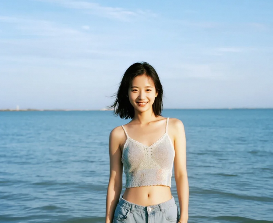 她在海边跳跃的瞬间，定格了整个夏天的美好