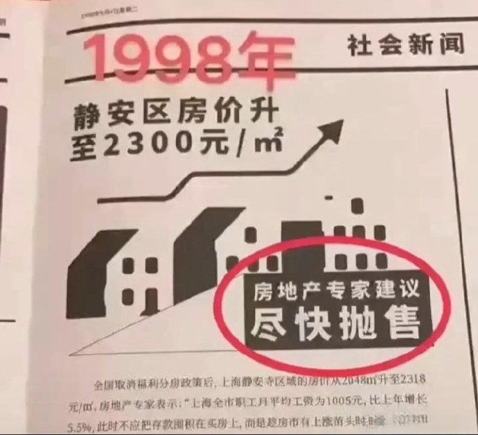 1998年上海静安区房价2300一平米，房地产当时的房地产专家建议尽快抛售！
