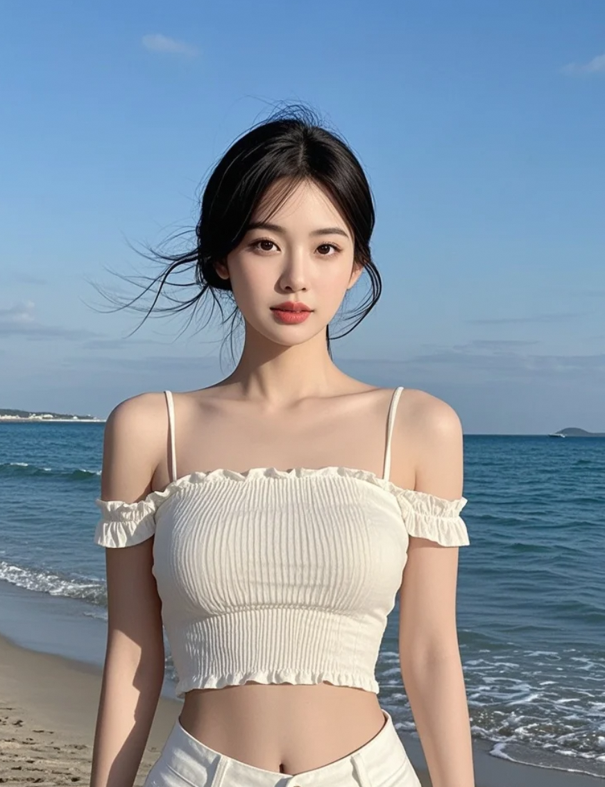 她的裙摆在海风中飘扬，美得像一首诗