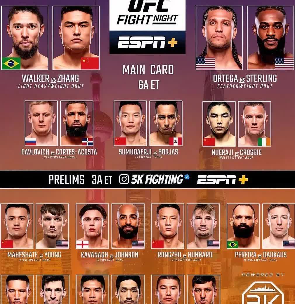 ufc 上海站站卡
复赛下午3点开始，主赛下午6点开始，张明扬 VS 强尼沃克