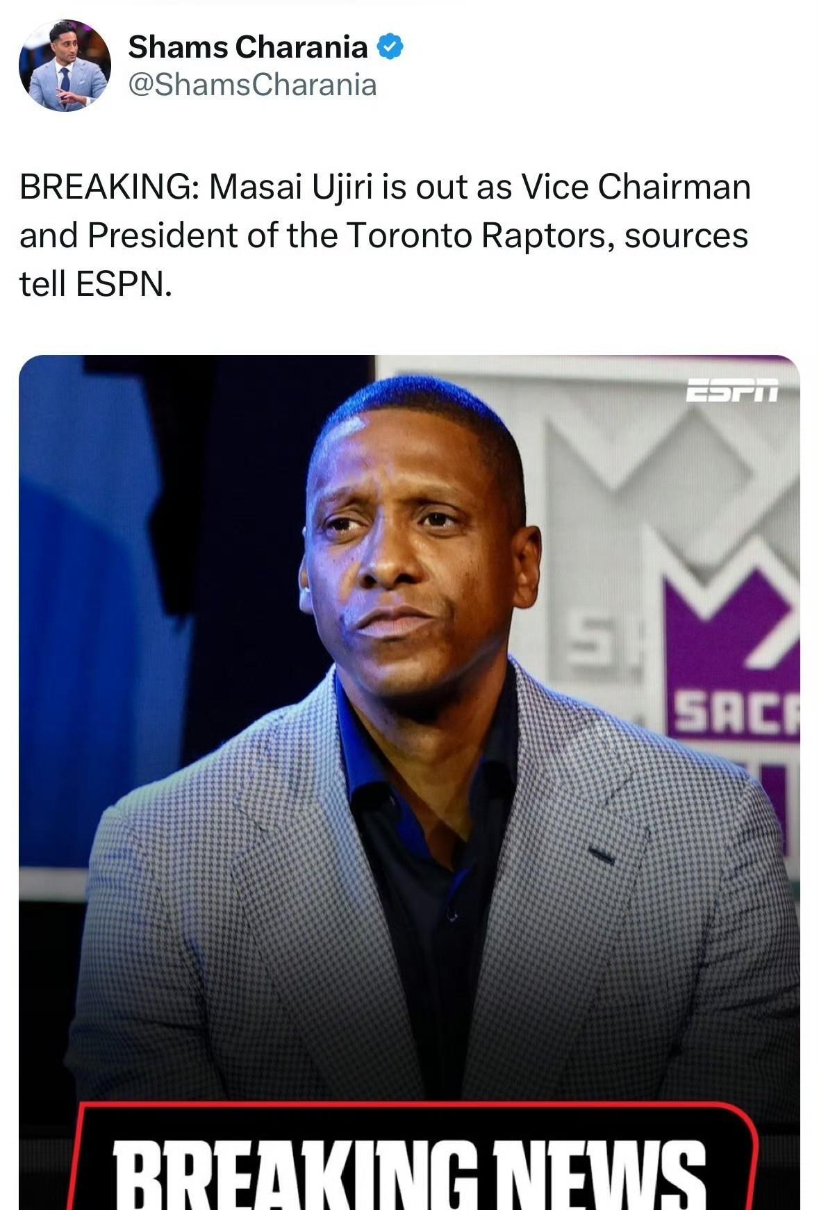 总经理被解雇！！！猛龙和总经理乌杰里分道扬镳！
根据记者Shams最新消息透露：
