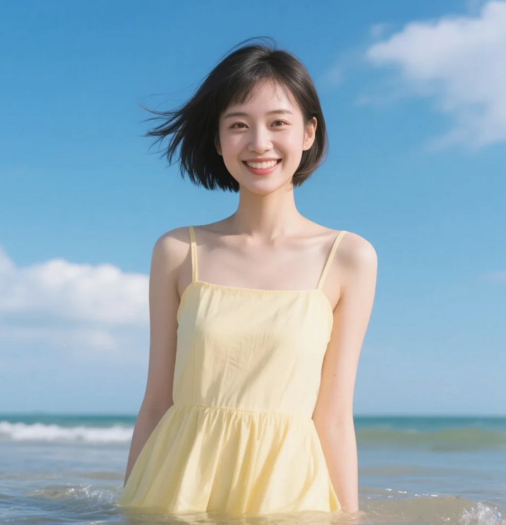 纯白连衣裙遇上短发甜心，海边就是她的舞台