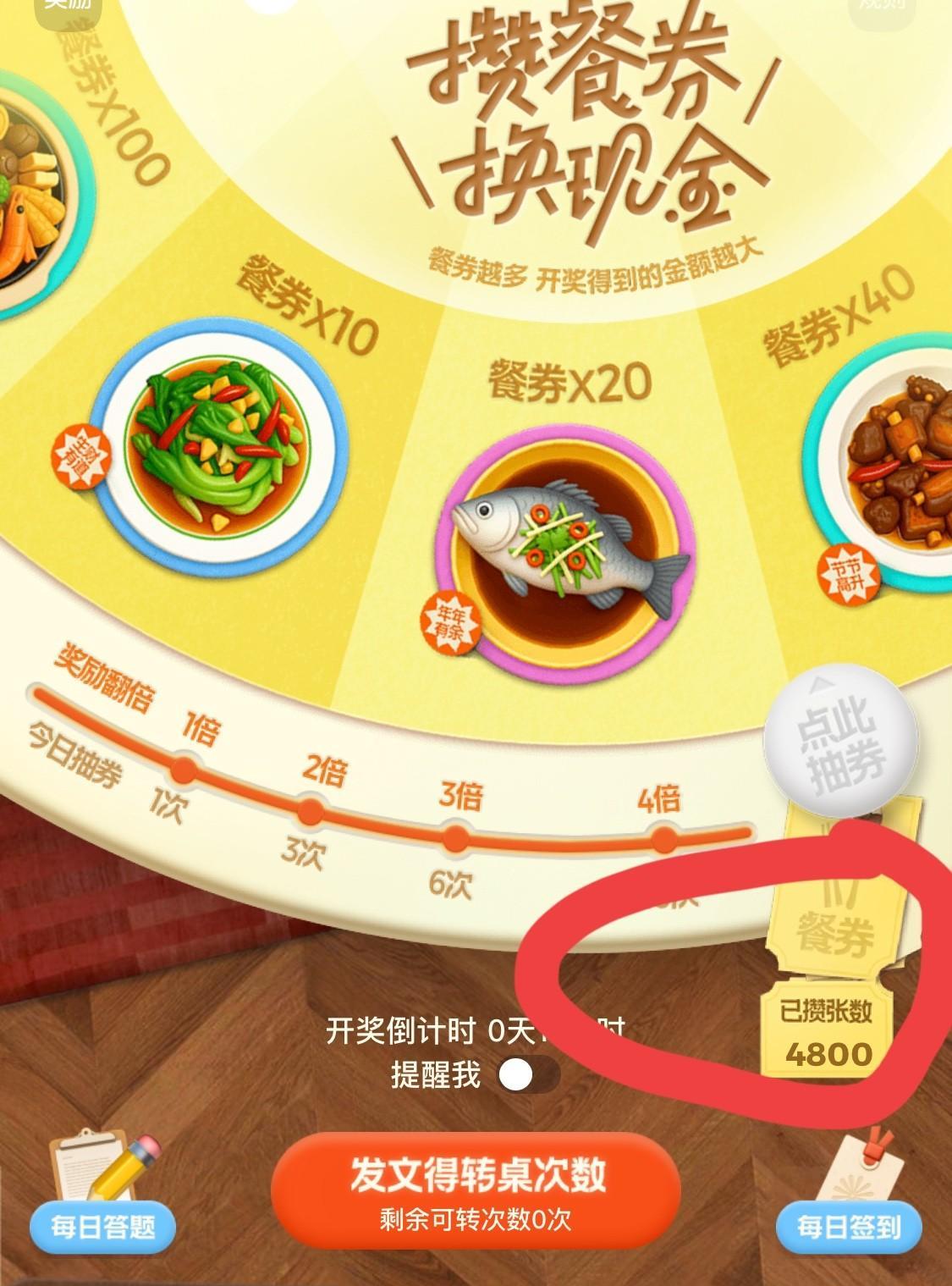 “攒餐券·换现金”，第一次抽奖成功的被挡在了5000的门槛外！
努力了，手气一般