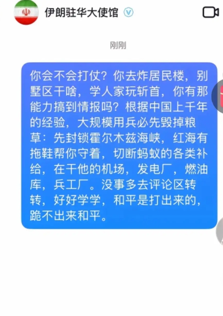 中国网友纷纷到伊朗大使馆献言献策: 炸发电厂，水厂，变电站，桥梁，车站，粮库，切