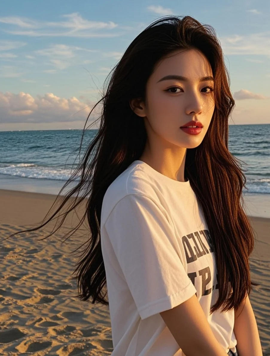 发丝在海风中写诗，她唇色明艳如霞，每一步都踏出阳光活力的星途印记