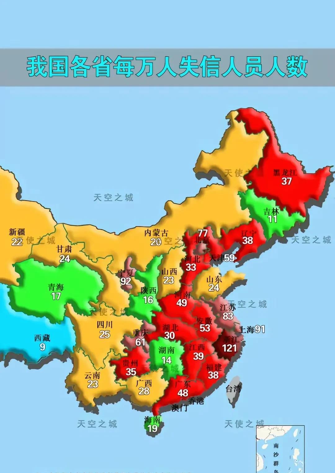 全国各省每万人失信人员人数！失信人就是因房贷、车贷、网贷等还不起了，大多数都是这