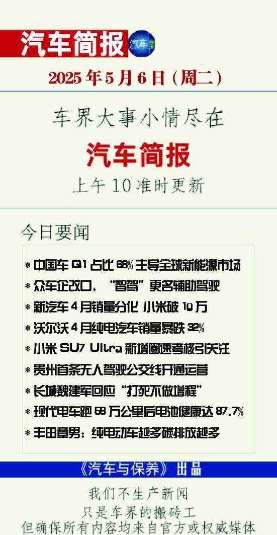 2025年5月6日（周二）汽车简报
（每个工作日上午10点前准时更新）
请滑动图