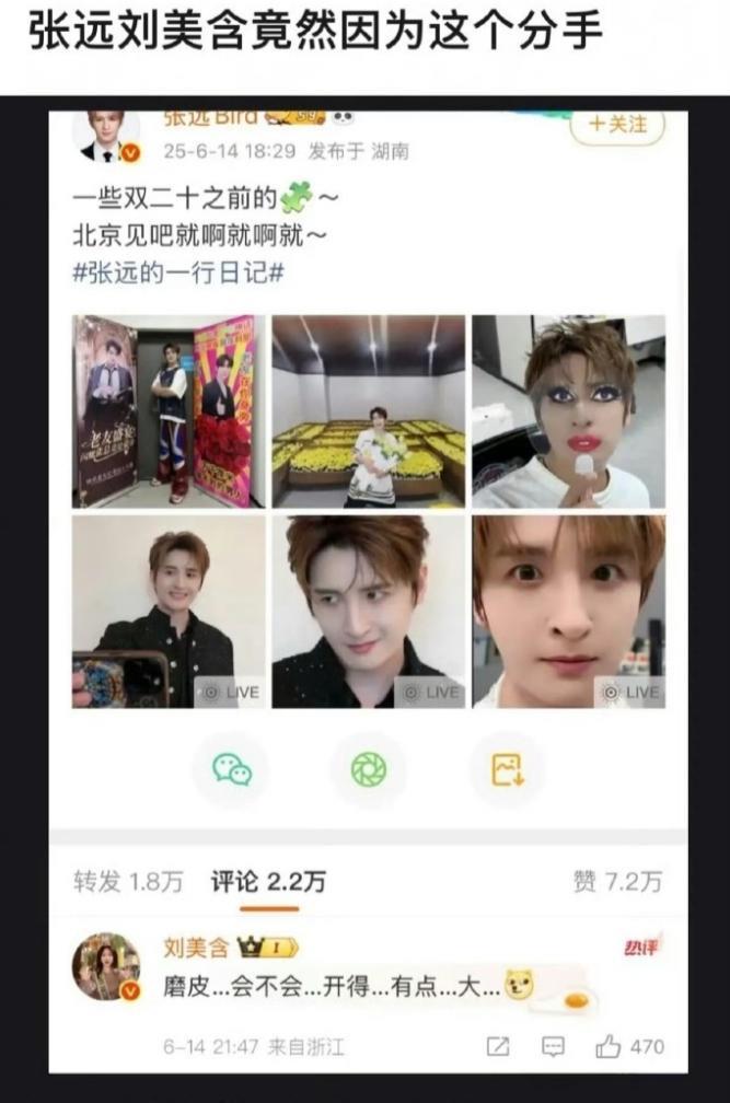 刘美含和张远分手的原因有点子离谱
刘美含发文的15年，是俩人认识了15年，10个