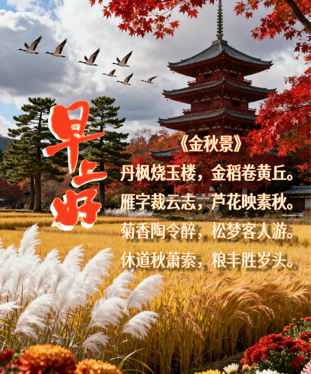 朋友：早上好！
金秋时节，枫林似火映高楼，金稻如浪卷黄丘。雁排云空，芦花染秋。菊