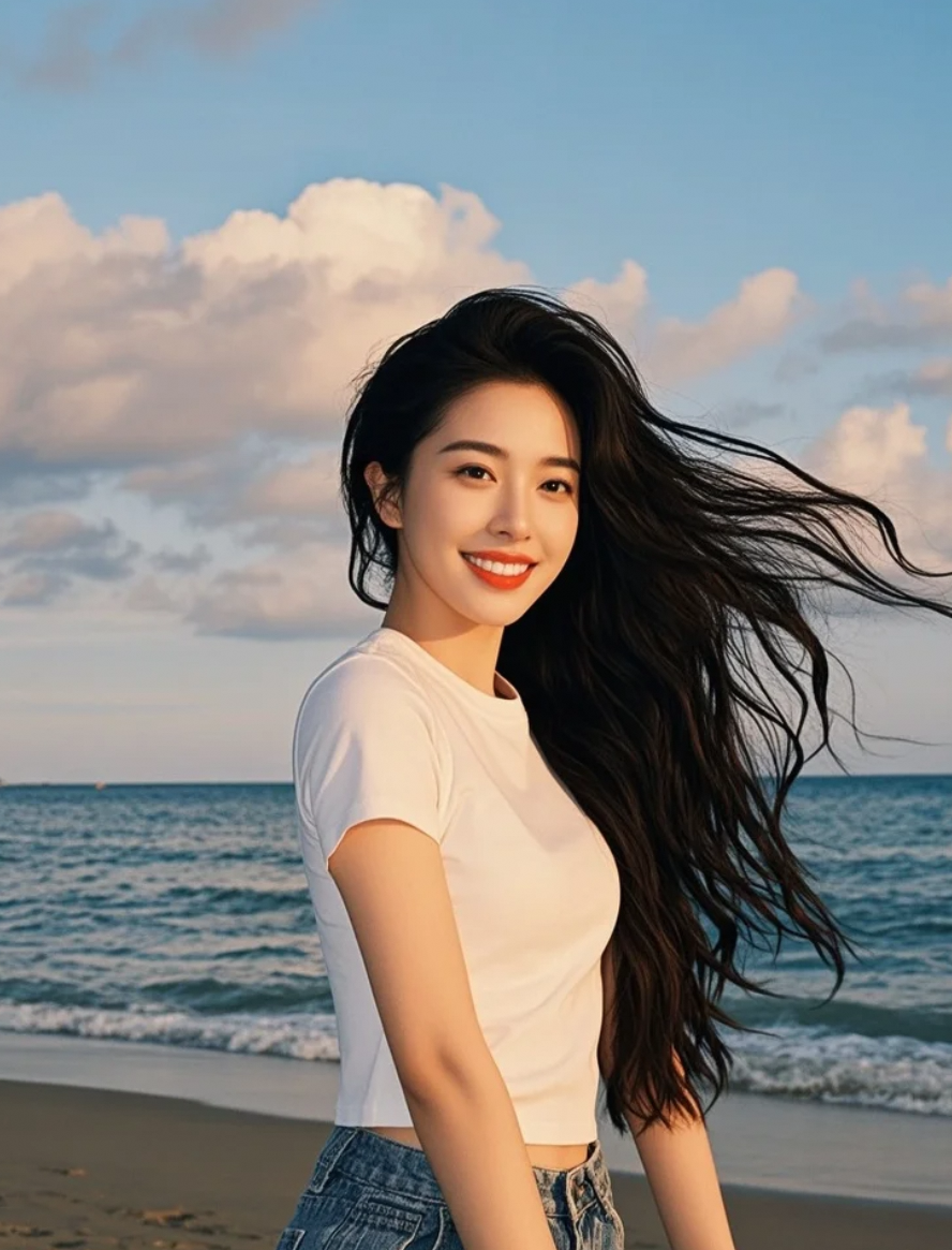 夕阳熔金，她如诗般漫步，长发与海风共谱一曲亲和的乐章