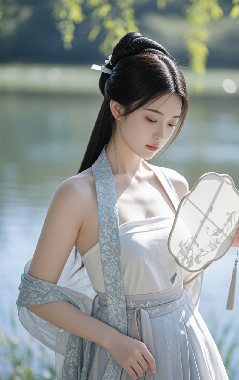 湖边执扇的她，像从诗里走出的女子