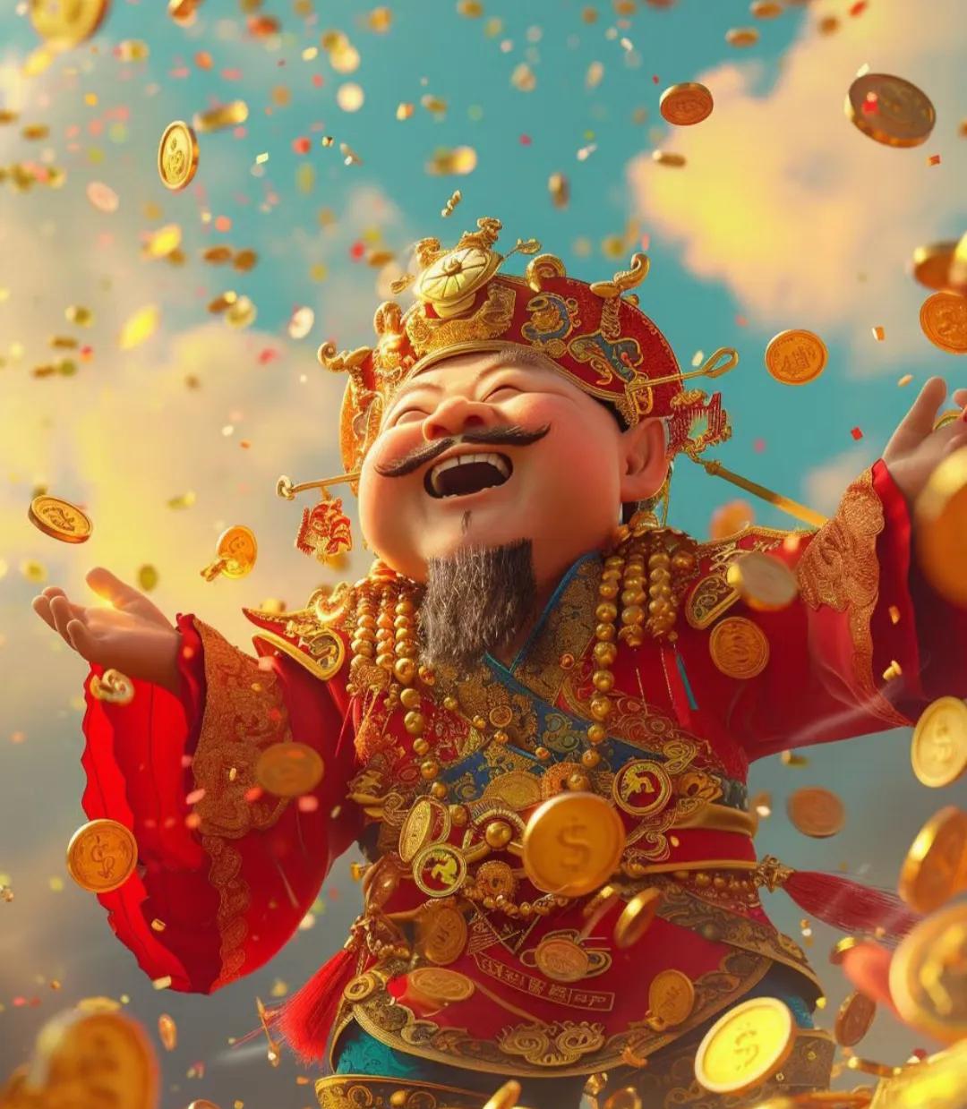 吉时已至，财神踏祥云降临！金元宝堆满屋，摇钱树挂满福。愿你生意通达四海，财源如江