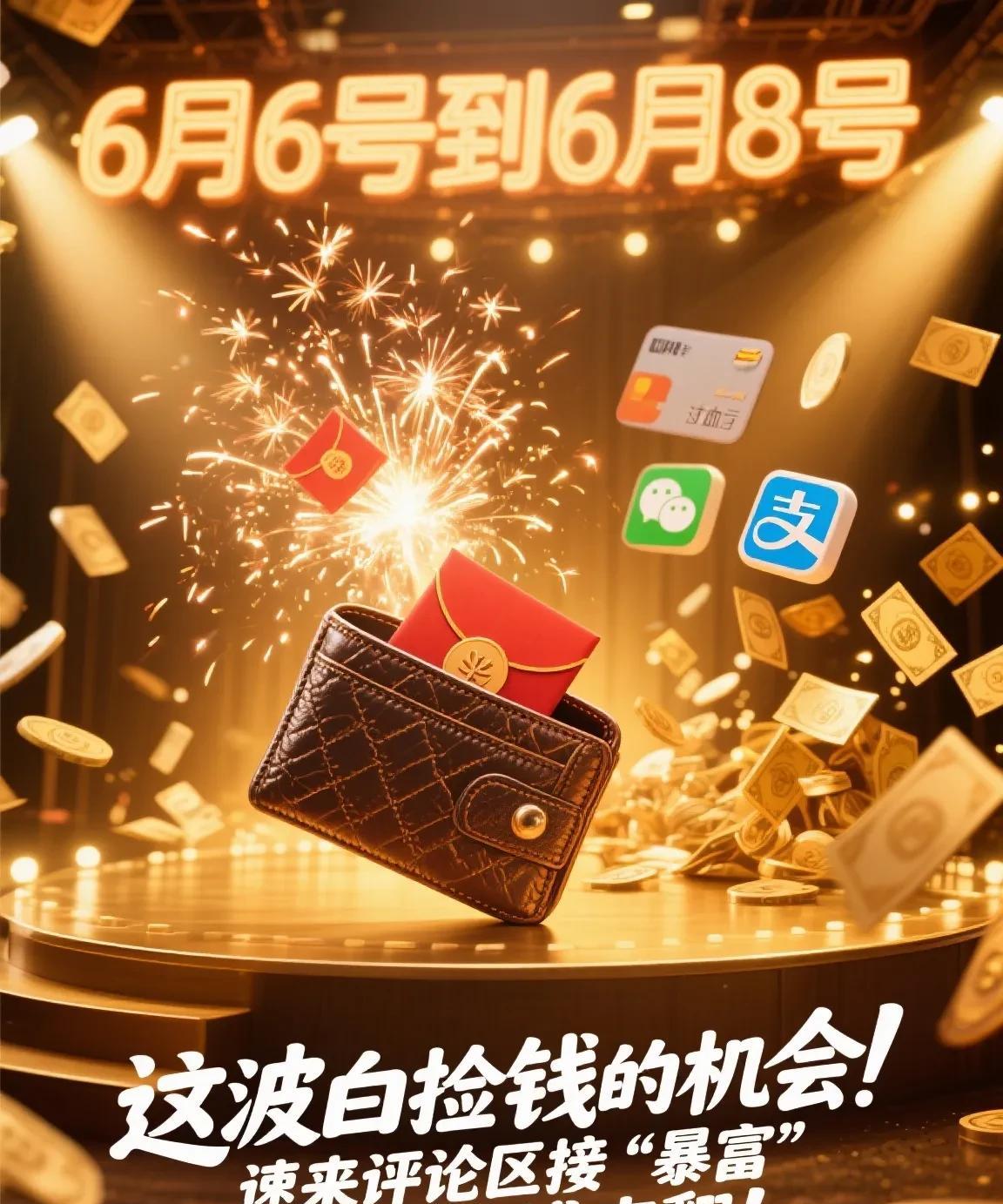 你的钱包要被红包炸啦！
6月6号到6月8号，
银行卡、微信、支付宝疯狂进账！这波
