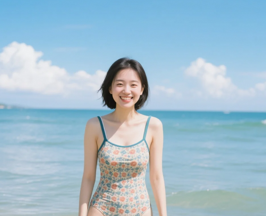 你看我身上的连体泳装，是不是和这蓝天白云一样美？