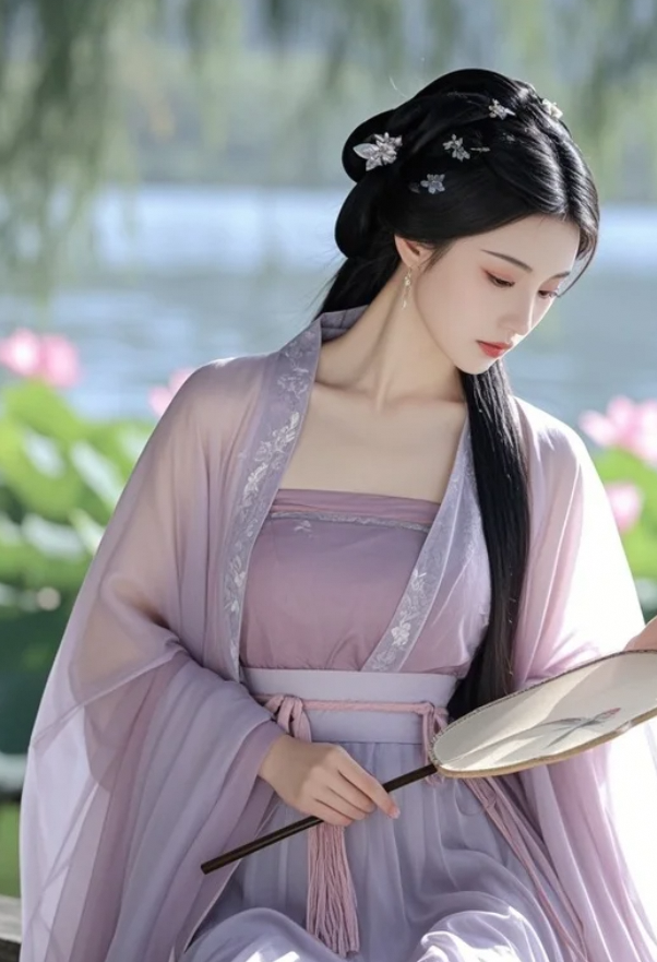 湖边执扇的汉服装女子，像从诗中走出来一样