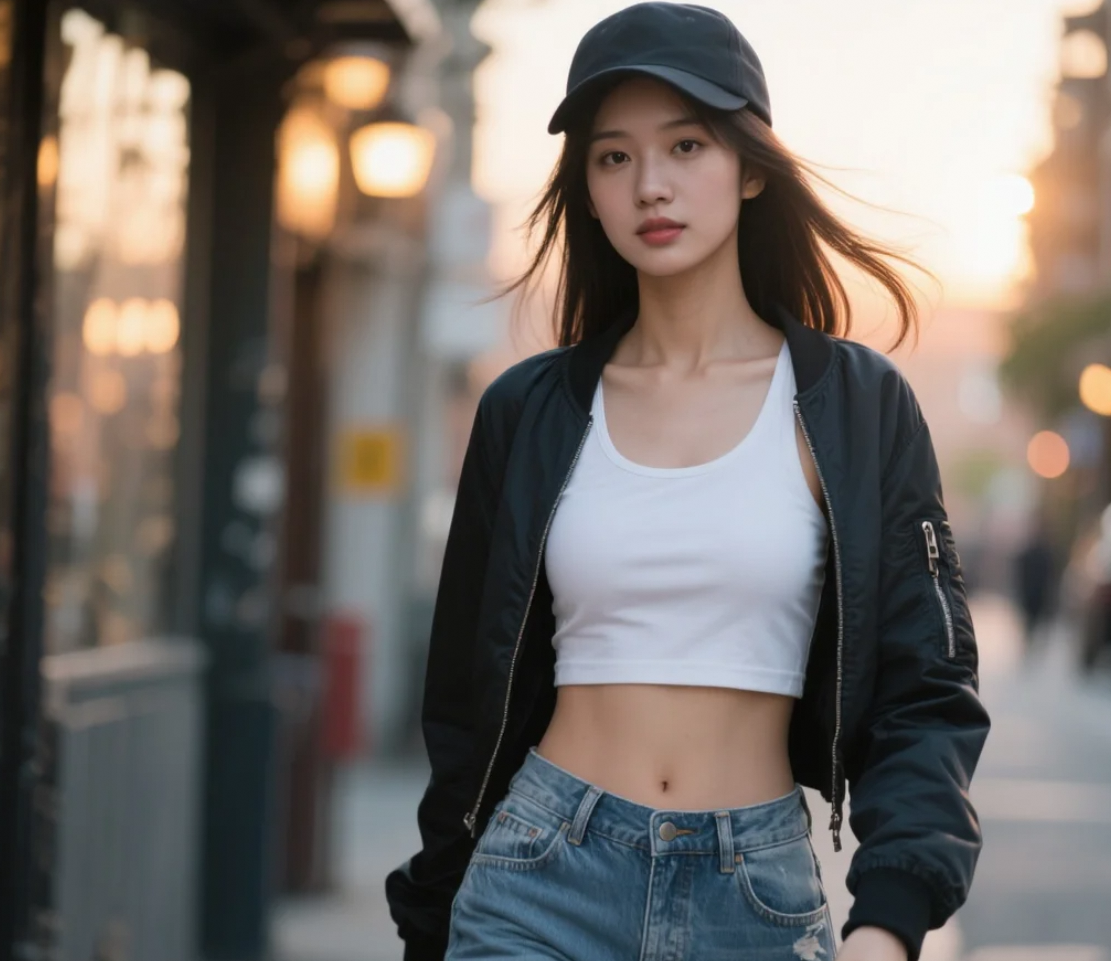 走在潮流前沿的酷妹穿搭，夹克与牛仔裤完美组合