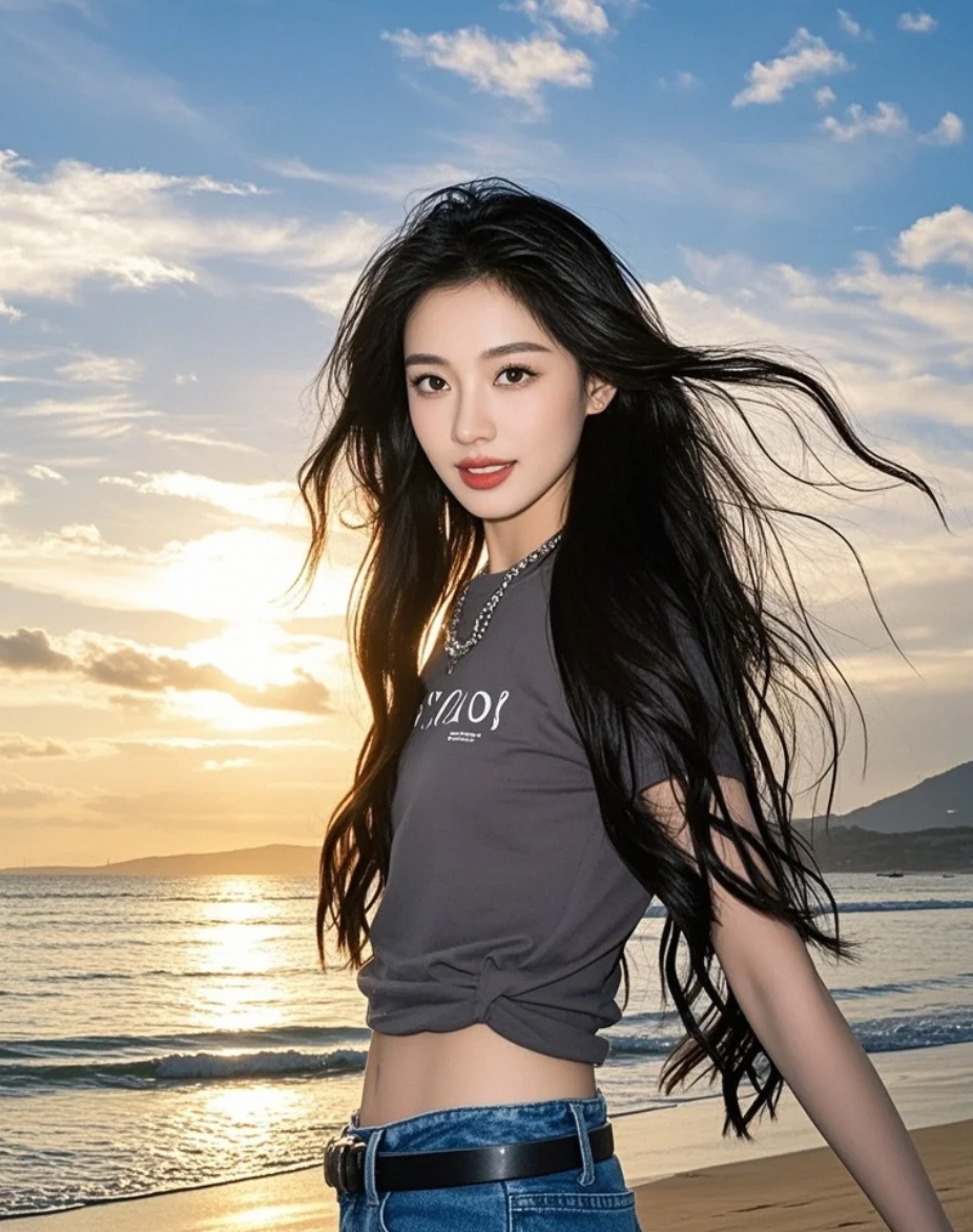 她的身影与晚霞交融，长发飘飘，是海风中最动人的阳光亲和巨星画面