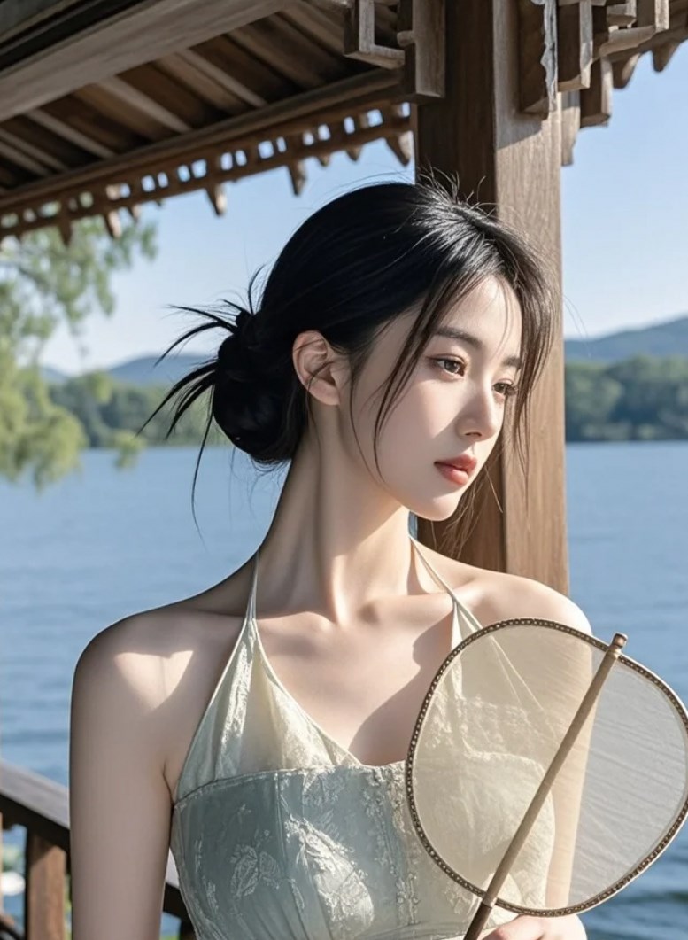 扇子一开，湖面都跟着温柔起来