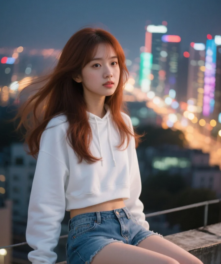 她的笑靥如花，在星空下绽放得更加绚烂。