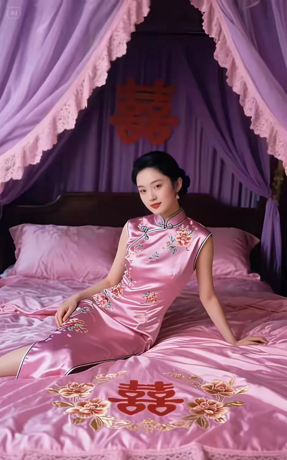 洞房佳人 
粉幔旗袍映玉容，
绣帏绮户韵千重。
深闺雅意今成梦，
待绾同心岁月浓