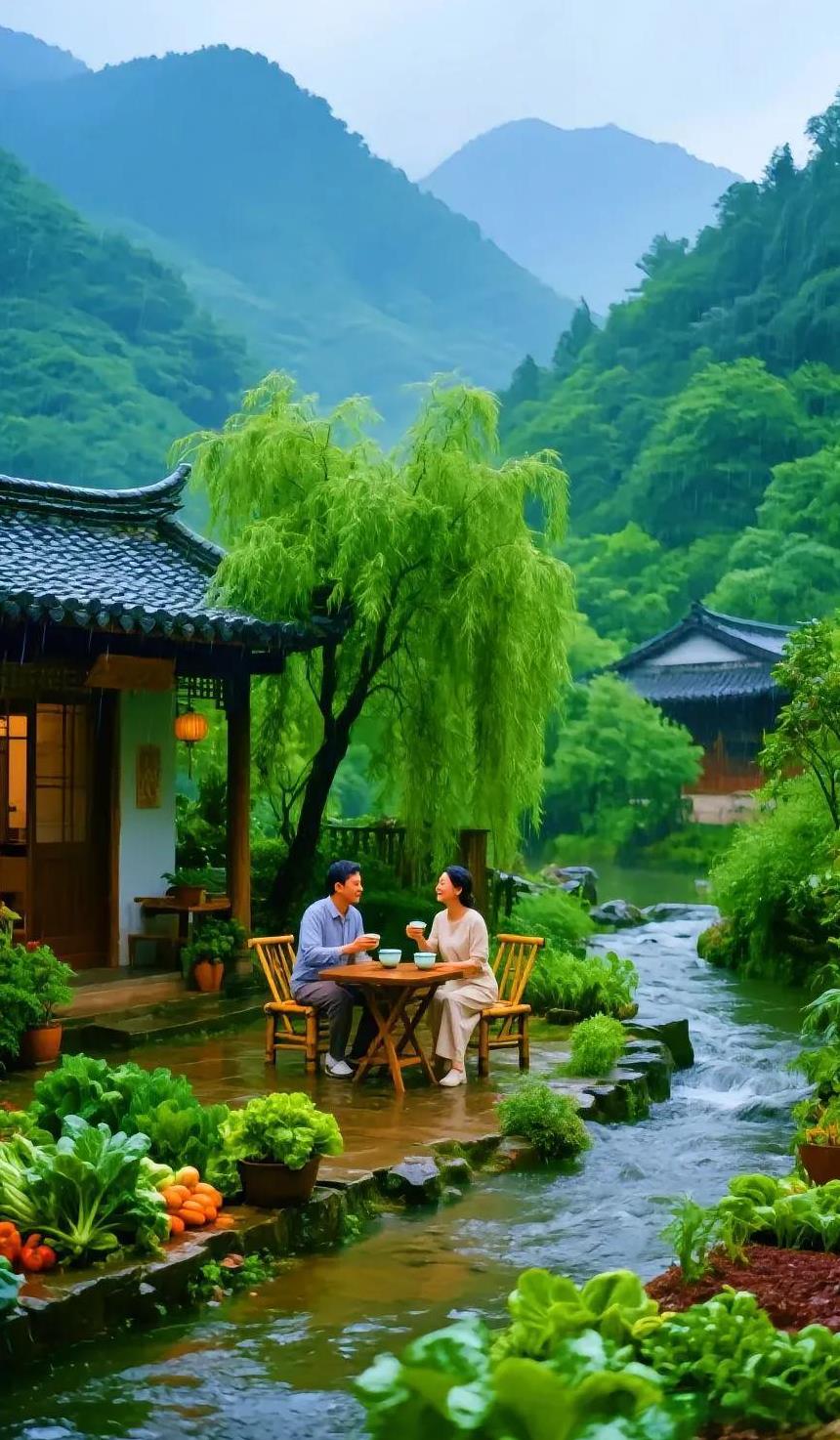 七绝·溪边人家盈温馨
文/方立新
溪边瓦屋灯光亮，
柳翠山青水碧清。
两口情深盈