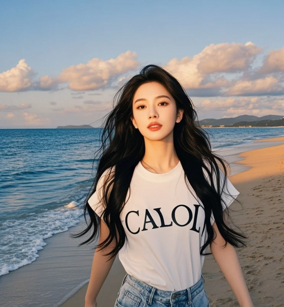 在落日熔金的时刻，她以长发为笔，沙滩为纸，书写着星光熠熠的亲和篇章