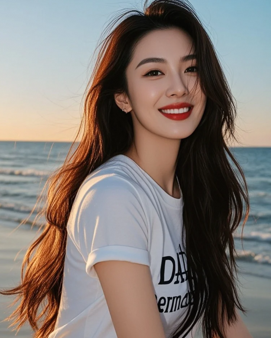 白云悠悠，她自在前行，T恤与长发在夕阳下，勾勒出活力四射的星之轮廓