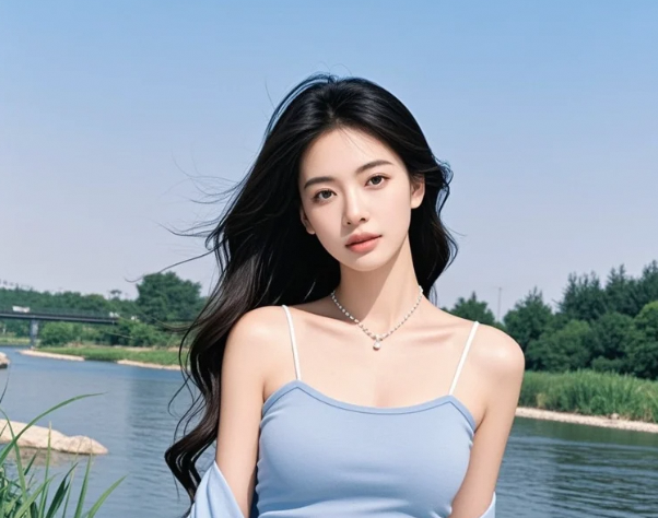 水波荡漾映红妆，河畔侧颜胜月光
