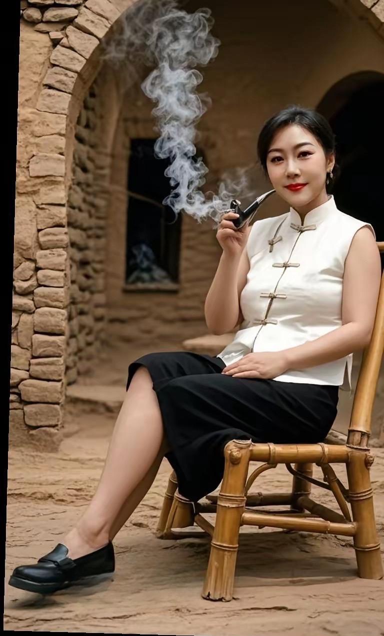 《女烟民》
土坯墙、石拱门，时光在此刻慢下来。她身着素白无袖衫，端坐竹椅，烟斗轻