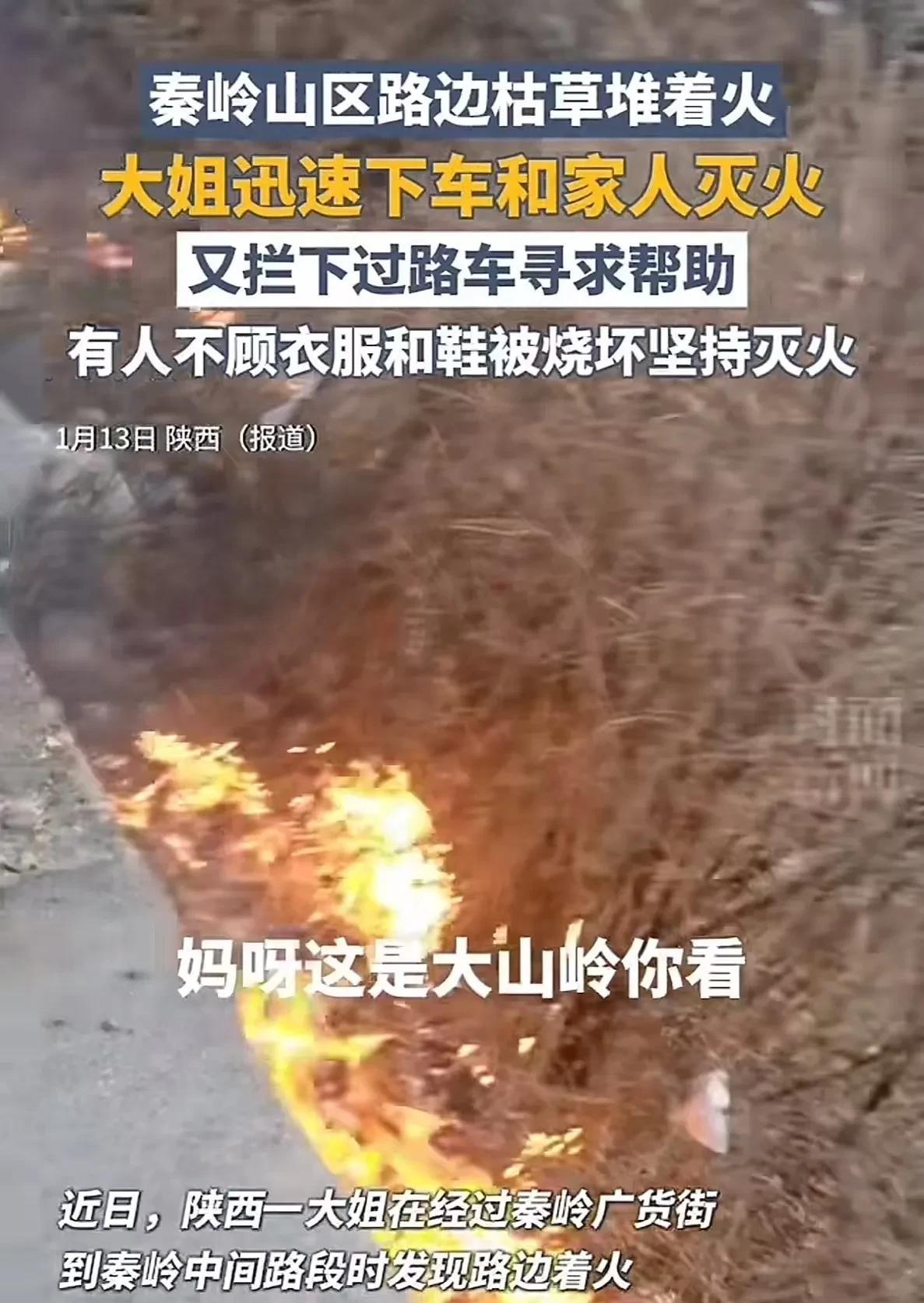 陕西宁陕县，大姐一家经过秦岭某路段时，发现路边两处着火，如果不及时扑灭，将会引发