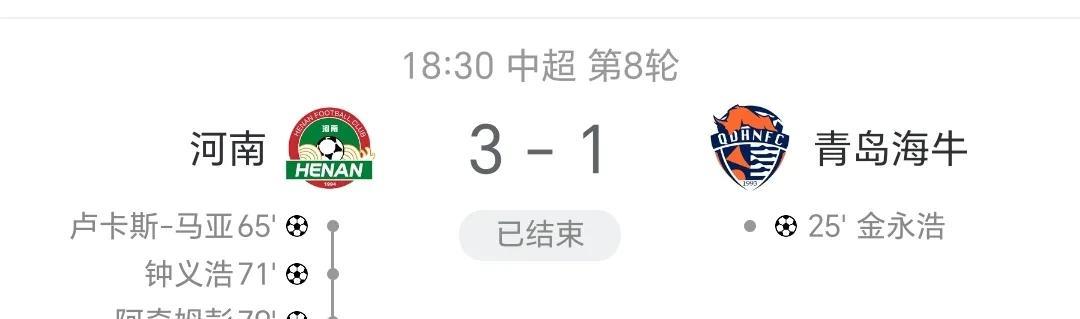 海牛又输了，在上半场先进1球的情况下，下半场被河南队短时间内连追三球，客场1：3