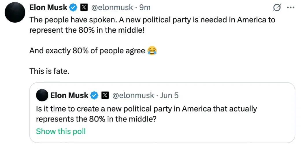 马斯克发帖：“人民说话了，美国需要一个代表中间80%美国人的党派。也刚好有80%