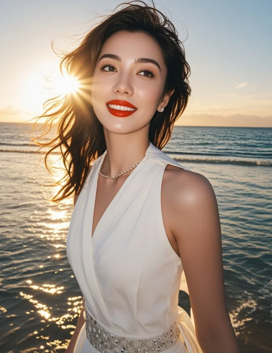 她伫立，裙摆随海风有节奏地呼吸