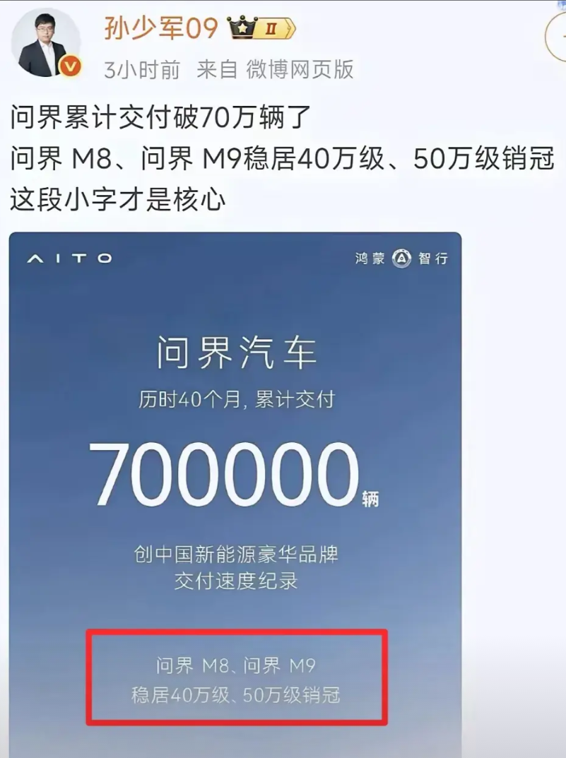 问界和小米一样，发布的内容要看小字，小字才是重要的内容。70万辆并不足以让人震惊