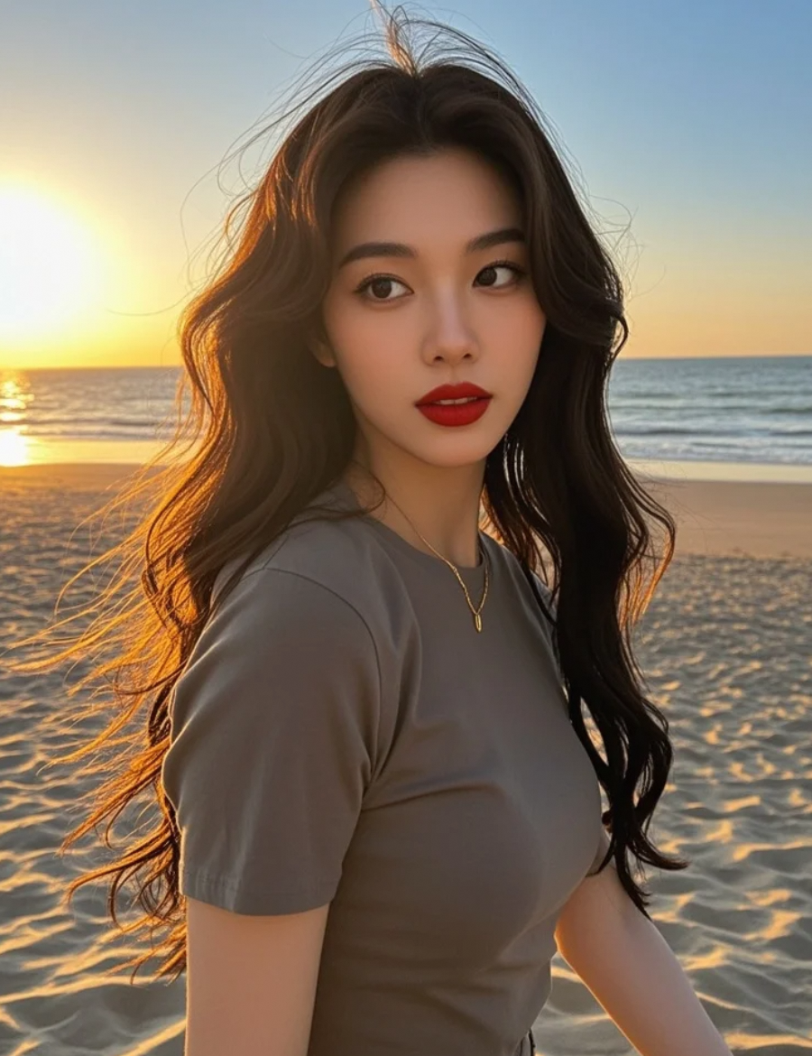 她的长发与海风共舞，明艳双唇绽放笑容，每一步都彰显着的休闲魅力