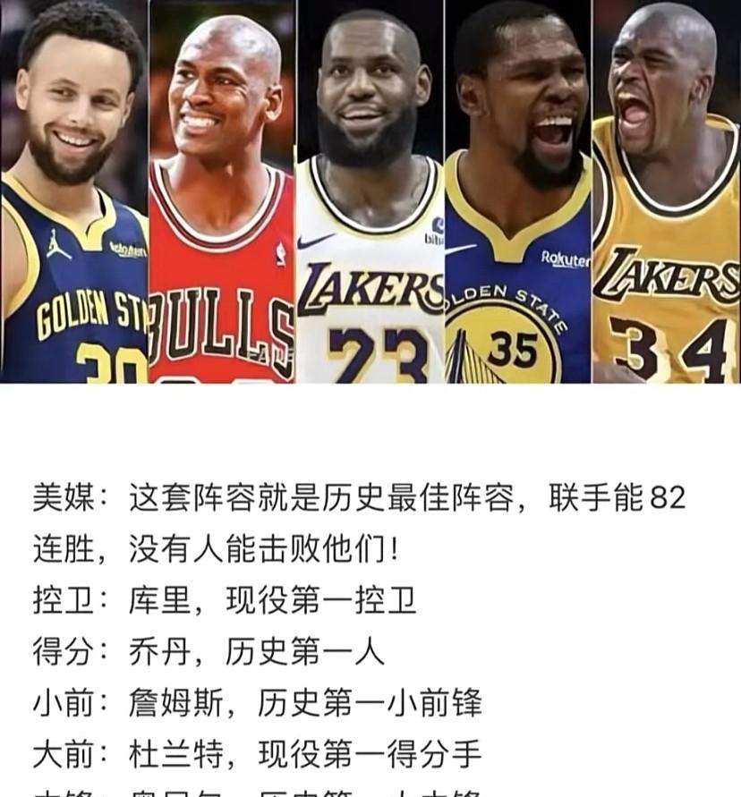 美媒列出的这套史上最强首发阵容——库乔詹杜奥，真的太炸裂了！库里生涯场均24分4