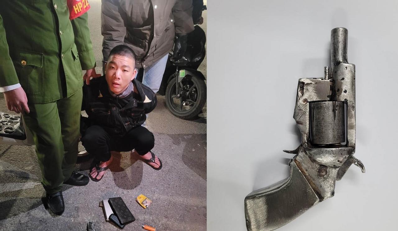越南海防警方抓获的男子，随身携带左轮手枪。枪里四发子弹。
图片来源越南清化海防网