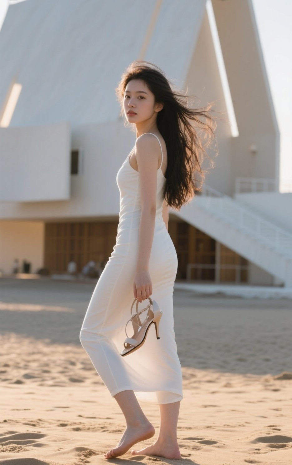 轻熟少妇踏沙行，紧身裙下藏诱惑