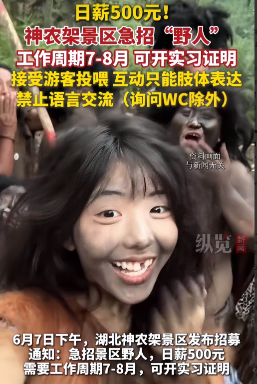天老爷！日薪500当“野人”，这活儿给你你干不？

昨天下午，湖北神农架景区甩出