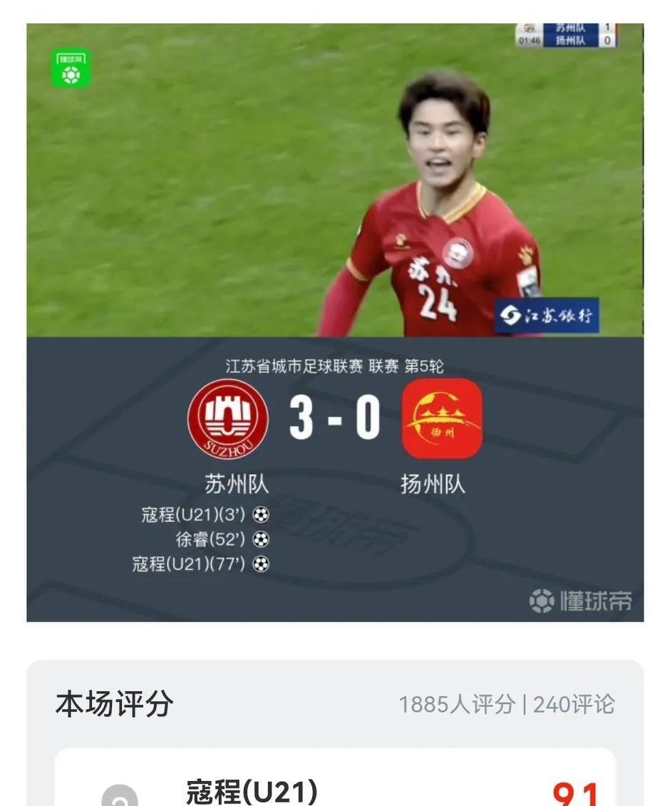苏州21号球员寇程今年才17岁，有网友认为他是中国足球未来的希望。
在昨天的比赛
