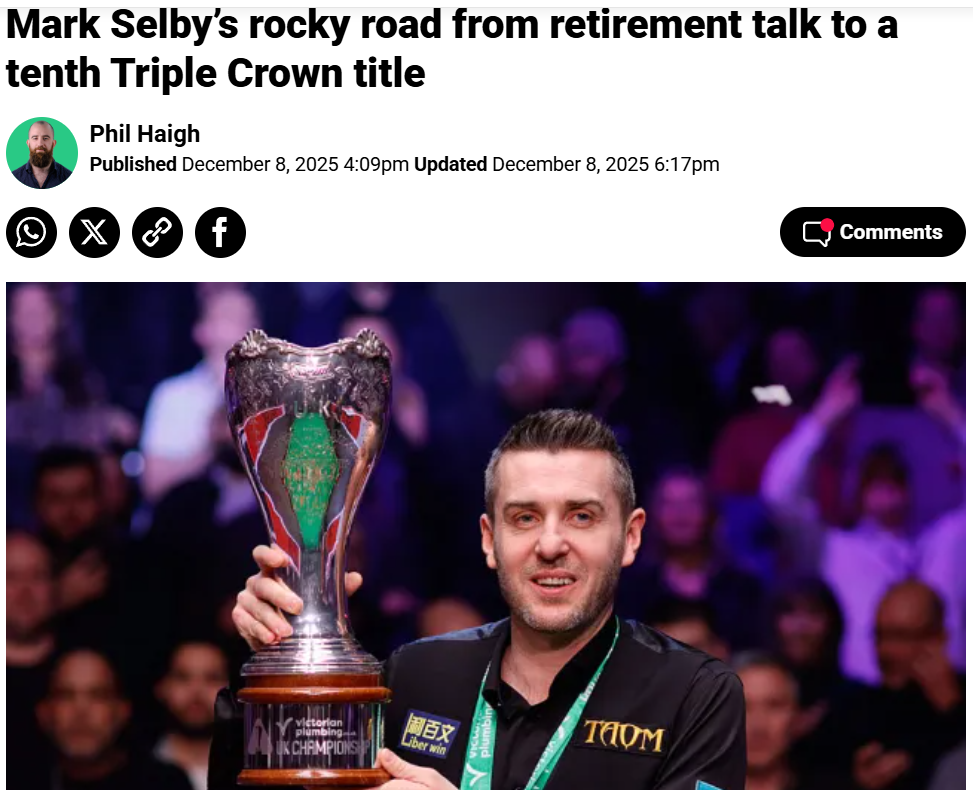 英国《地铁报》发表评论员文章，指出塞尔比去年险些因为心理疾病退役，而现在他终于英