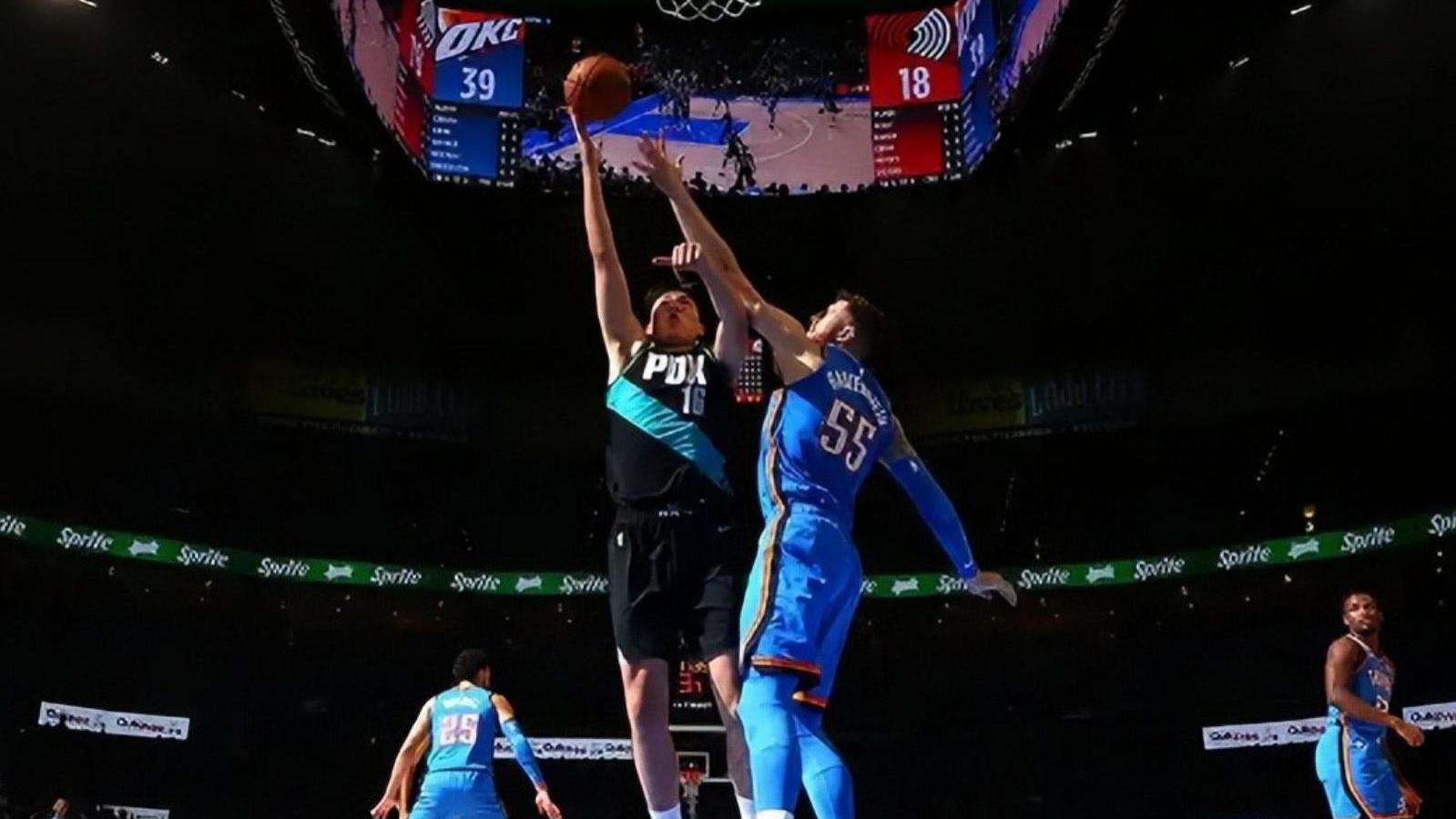 杨瀚森NBA生涯首个三分！8分4板3助攻总分超周琦，开拓者负雷霆