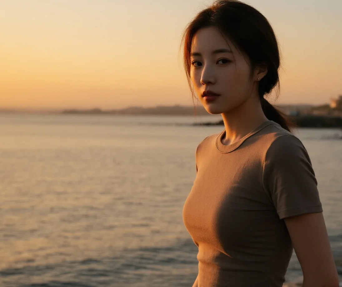 夕阳下的优雅转身：海边的现代美人