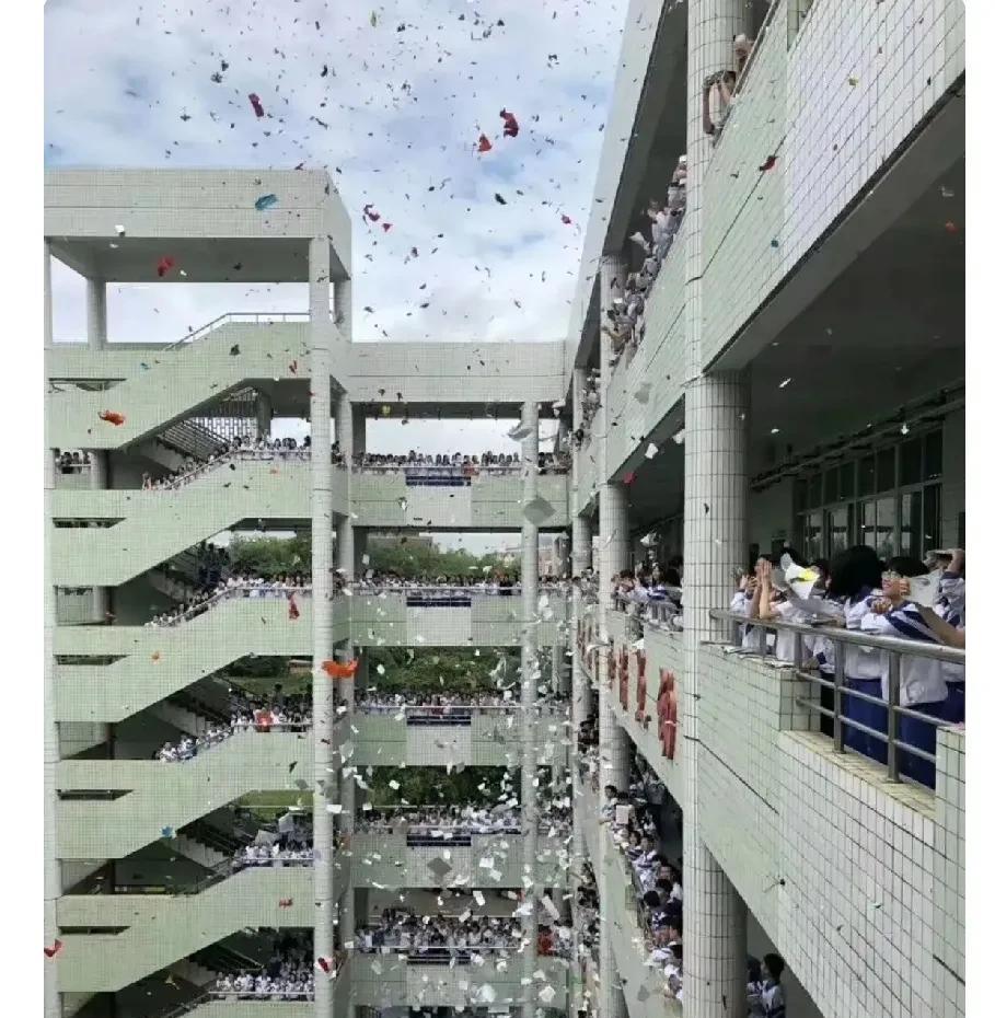 高考结束，袁姐的儿子李小宇满面春风，将手里的书嚓嚓撕碎，向空中一扬，天女散花，孩
