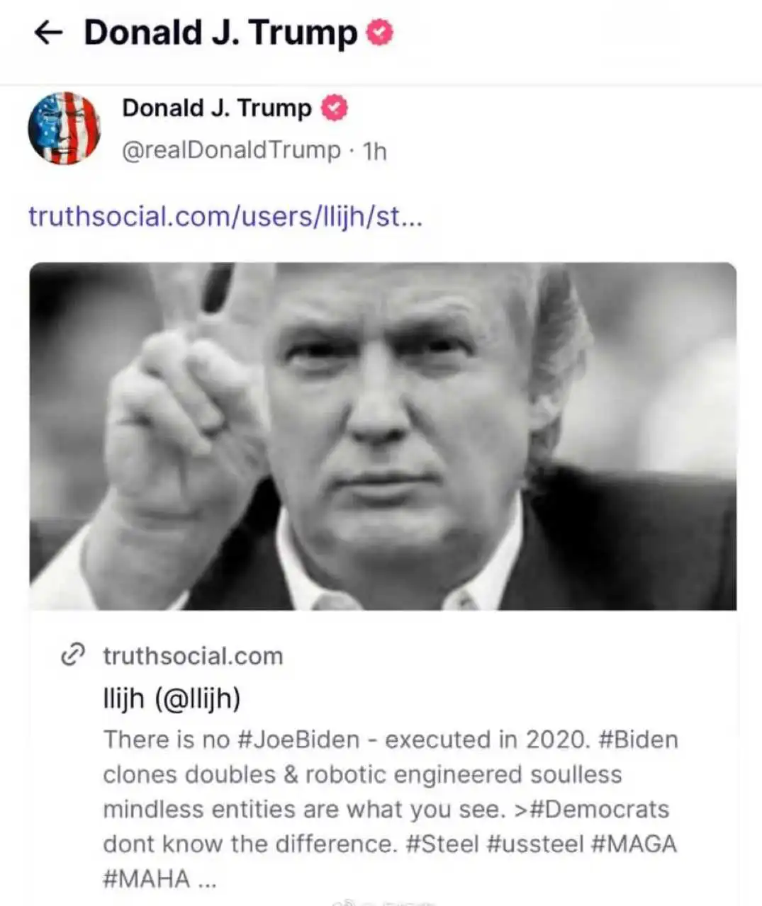 特朗普分享了一篇的QAnon 帖子，称前总统拜登于 2020 年被处决，并被克隆