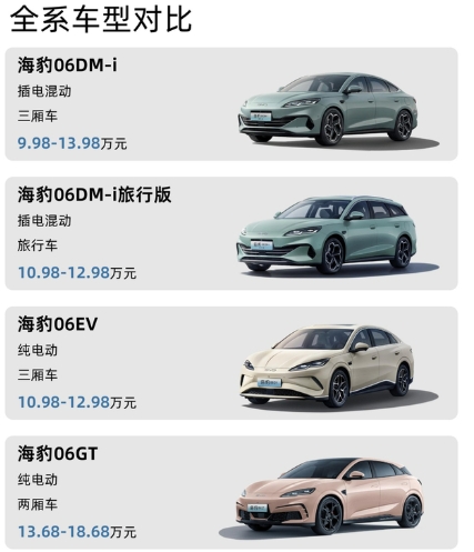 比亚迪海豹06系列车型区别
海豹06DM-i（插混）：三厢车，搭载比亚迪第五代D