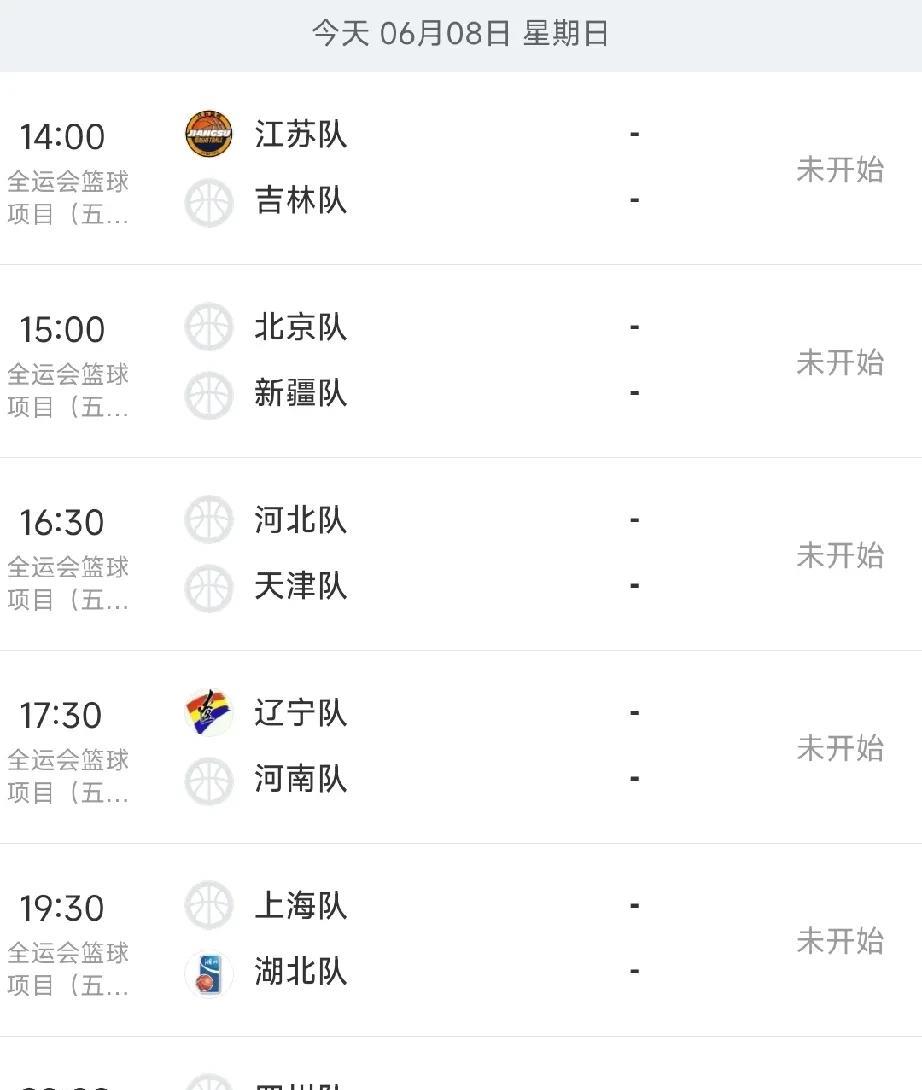 辽宁对阵河南！全运会男篮今日赛程安排！
根据最新赛程安排，今日即6月8日共有6场