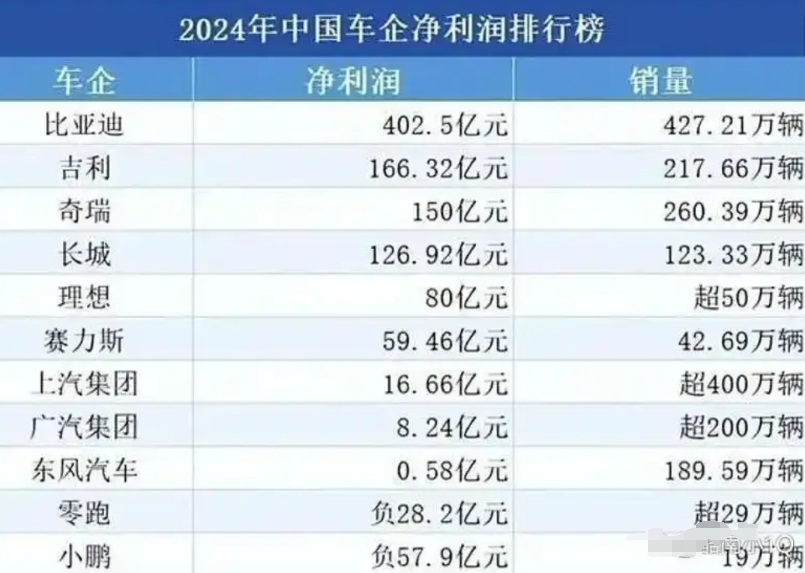 2024年中国汽车厂家利润总结出炉，第一名的比亚迪利润差不多是后面三家总和，前三