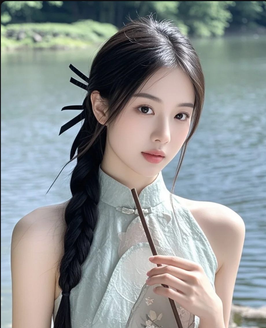 湖边执扇的汉服装女子，像从诗中走出来一样