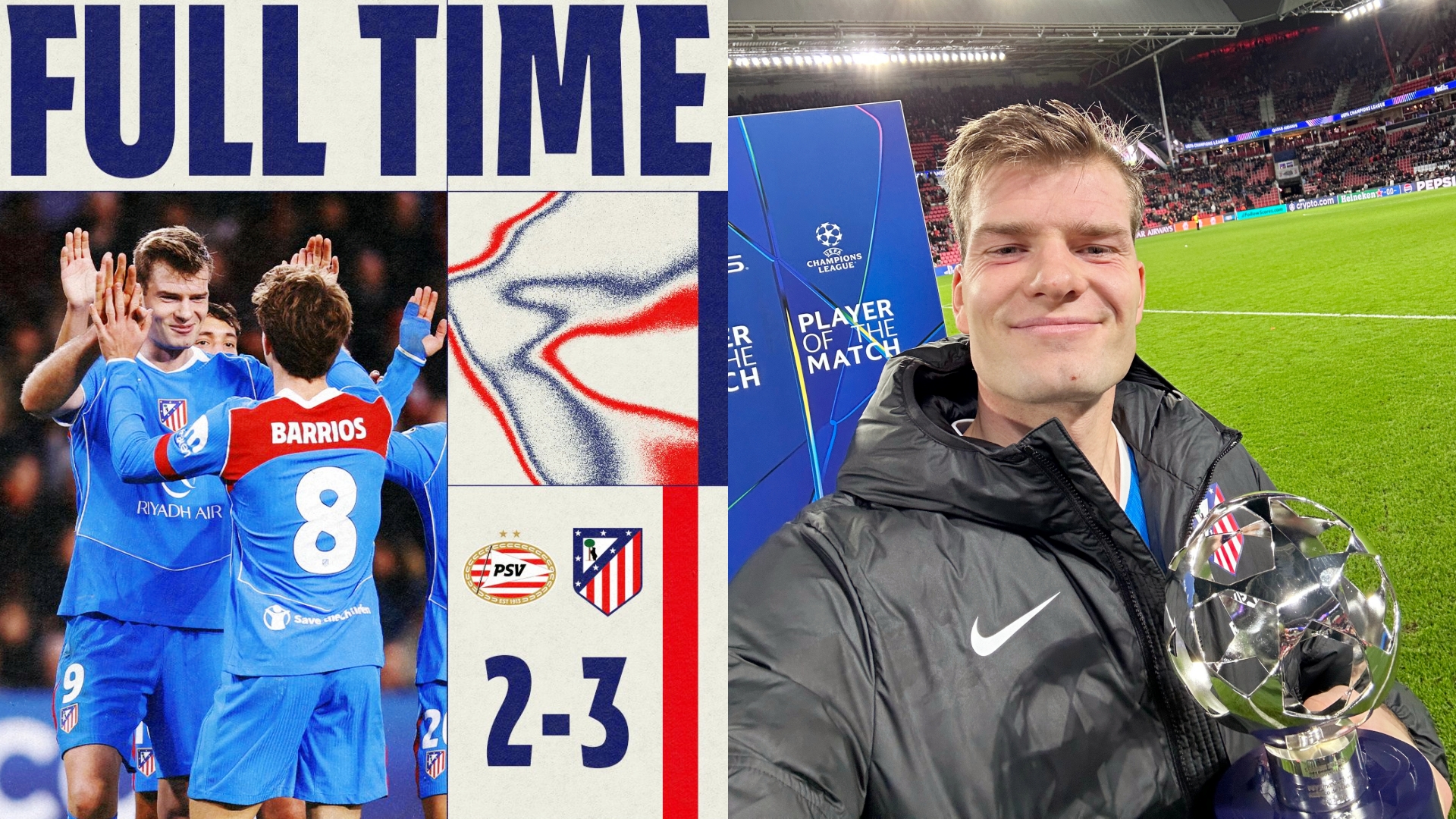 欧冠：马德里竞技客场3-2击败埃因霍温，12分暂列第七位。
阿尔瓦雷斯破门，瑟尔